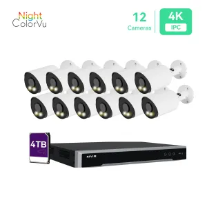 16 Channel 4K IP PoE Security Camera System 16ch 4K NVR and 12 8MP Colorful Night View Bullet PoE IP Cameras with 4TB HDD Support Audio Night Vision POE Plug-n-Play (KIT1612C8)