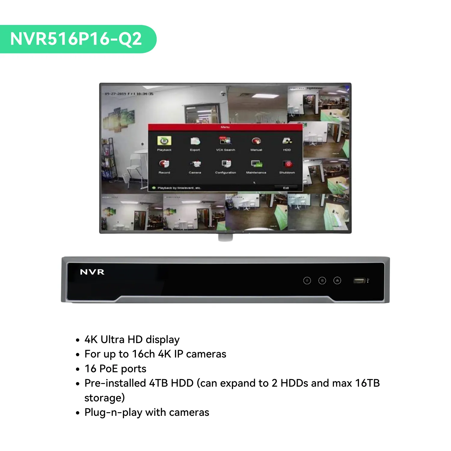 16 Channel 4K IP PoE Security Camera System 16ch 4K NVR and 12 8MP Colorful Night View Bullet PoE IP Cameras with 4TB HDD Support Audio Night Vision POE Plug-n-Play (KIT1612C8)