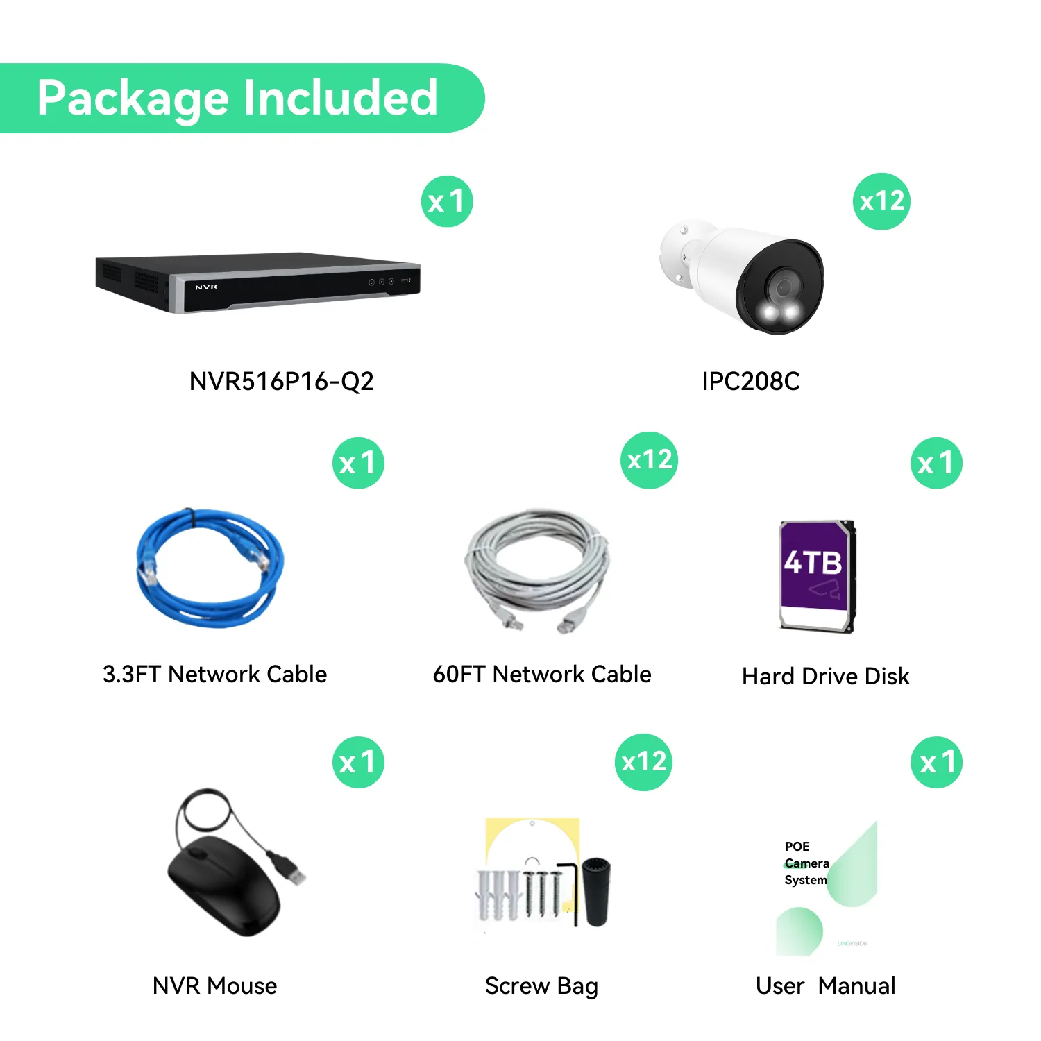 16 Channel 4K IP PoE Security Camera System 16ch 4K NVR and 12 8MP Colorful Night View Bullet PoE IP Cameras with 4TB HDD Support Audio Night Vision POE Plug-n-Play (KIT1612C8)