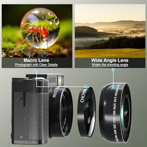 4K Digital Camera with Creator Accessory Kit, 48MP Video/Vlogging Camera for Vloggers, Autofocus Flip Screen Cameras for Photography,Tripod Grip, Wide-Angle & Macro Lens, Mic, Batteries-V01