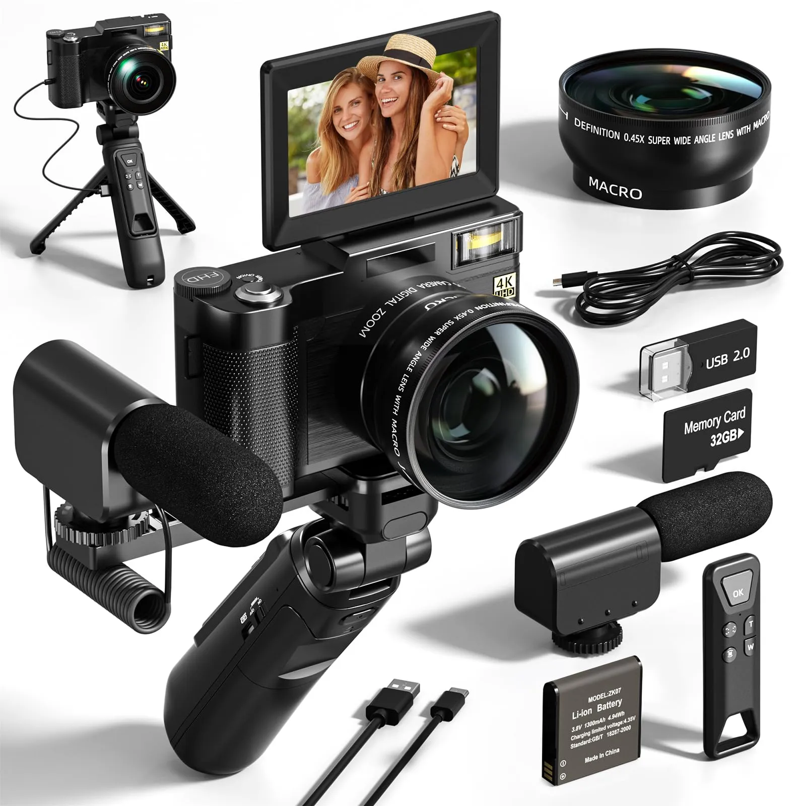 4K Digital Camera with Creator Accessory Kit, 48MP Video/Vlogging Camera for Vloggers, Autofocus Flip Screen Cameras for Photography,Tripod Grip, Wide-Angle & Macro Lens, Mic, Batteries-V01