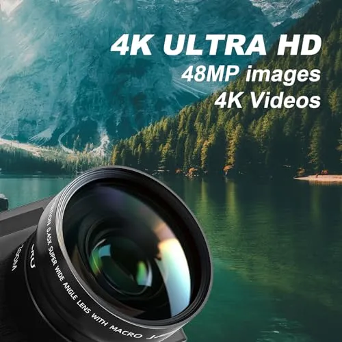 4K Digital Camera with Creator Accessory Kit, 48MP Video/Vlogging Camera for Vloggers, Autofocus Flip Screen Cameras for Photography,Tripod Grip, Wide-Angle & Macro Lens, Mic, Batteries-V01