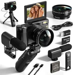 4K Digital Camera with Creator Accessory Kit, 48MP Video/Vlogging Camera for Vloggers, Autofocus Flip Screen Cameras for Photography,Tripod Grip, Wide-Angle & Macro Lens, Mic, Batteries-V01