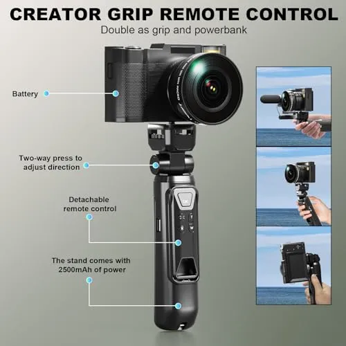 4K Digital Camera with Creator Accessory Kit, 48MP Video/Vlogging Camera for Vloggers, Autofocus Flip Screen Cameras for Photography,Tripod Grip, Wide-Angle & Macro Lens, Mic, Batteries-V01