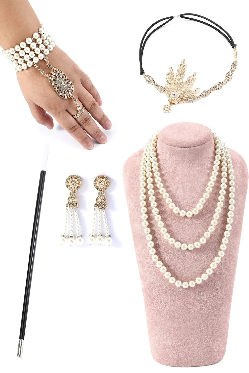Champagne Glitter Fringes Gatsby Dress with Accessories Set