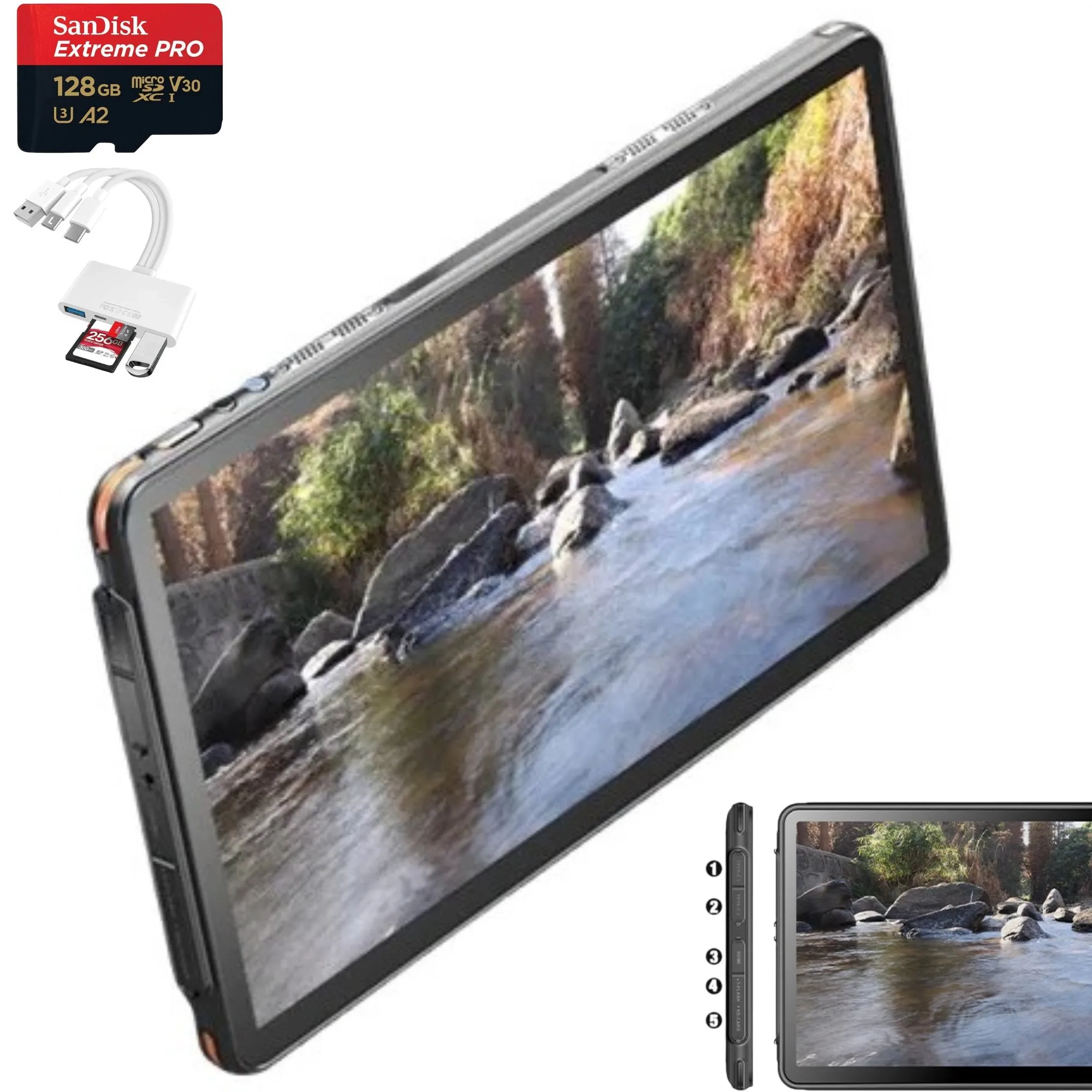 TUTT 12” Touchscreen Rugged Portable Monitor | 5000mAh Battery | Water & Drop Proof | Digital Photo Frame Mode | N1Pro 128GB SanDisk Extreme Pro 200MB/s & Reader Kit