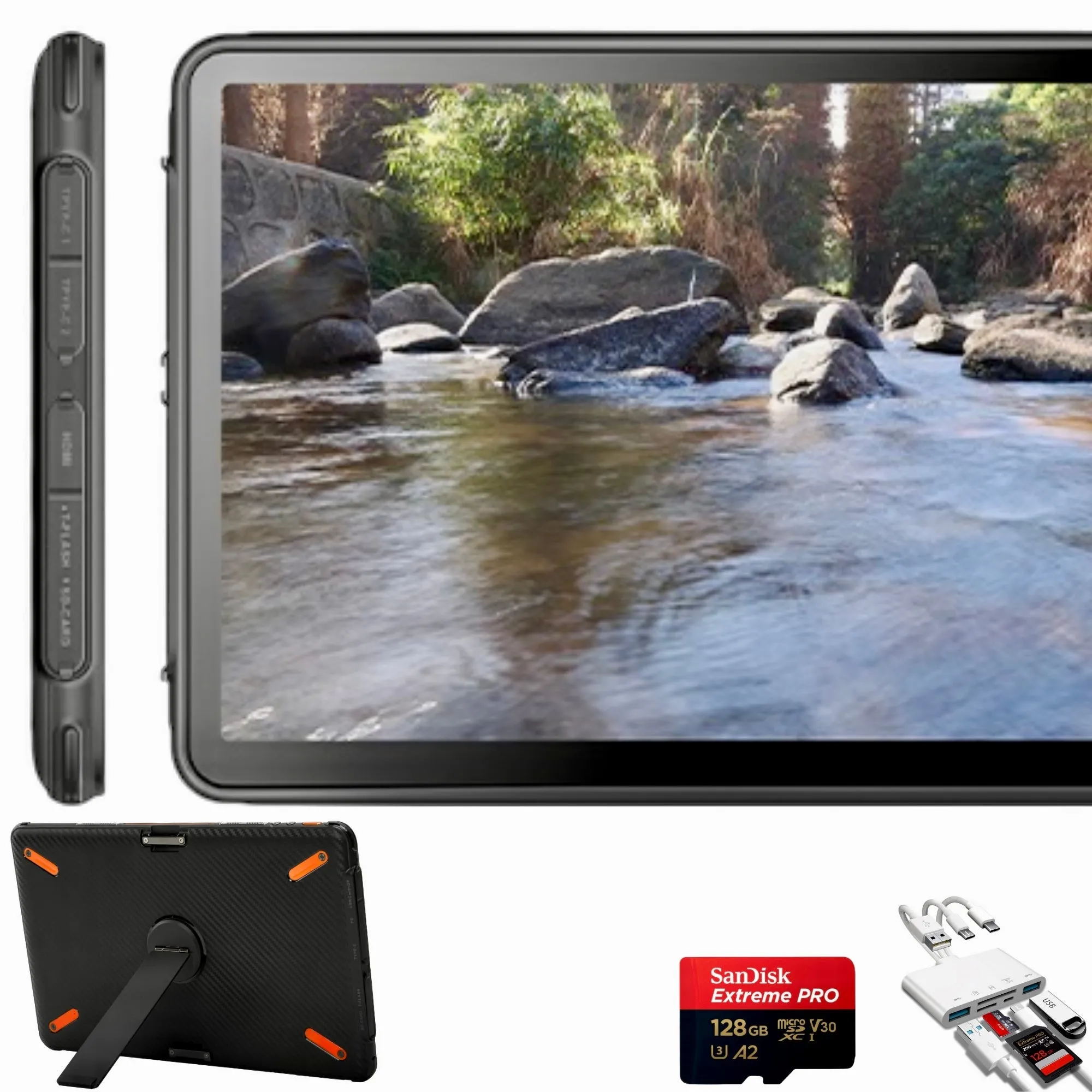 TUTT 12” Touchscreen Rugged Portable Monitor | 5000mAh Battery | Water & Drop Proof | Digital Photo Frame Mode | N1Pro 128GB SanDisk Extreme Pro 200MB/s & Reader Kit